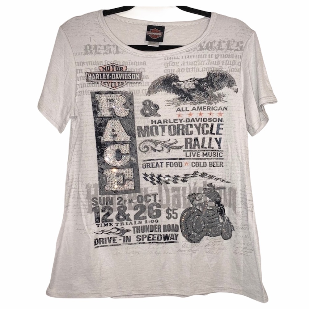 Harley Davidson Cream Rhinestone Race Top Sz M